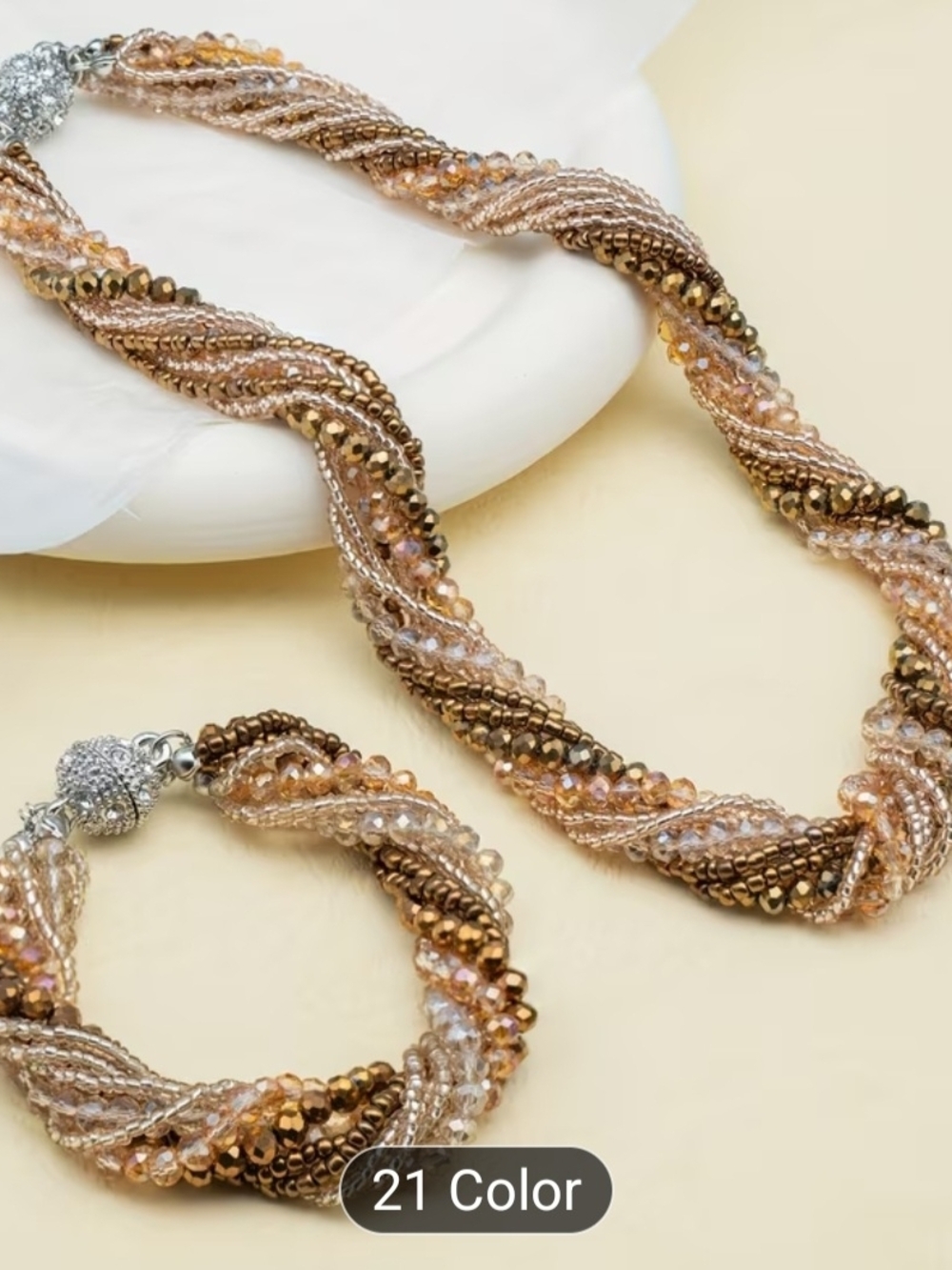 Twisted Multi-Strand Beaded Necklace and Bracelet Set - Gold & Champagne